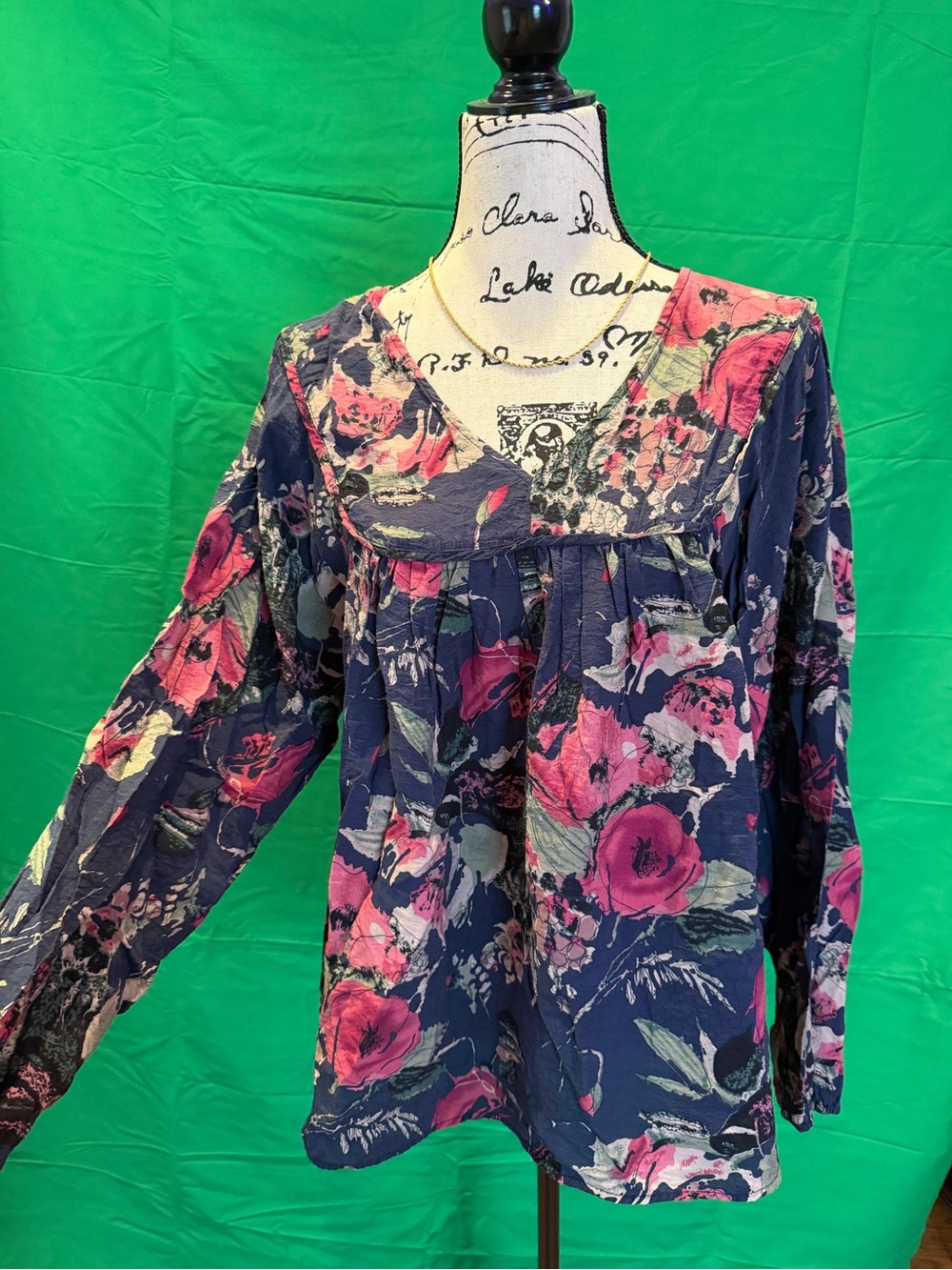 Navy Floral Long-Sleeve Peasant Blouse with Pink Accents